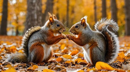 Fototapeta premium Two adorable squirrels in colorful orange autumn forest. Two Squirrels are in the forest and one of them is eating nuts. Fall season cute wildlife