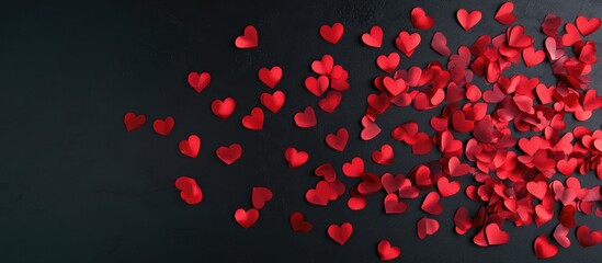 Valentine's Day backdrop with red hearts cascading on a dark surface ideal for romantic messages or promotional text.