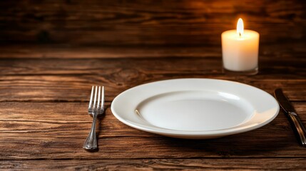  a wooden table with a white plate, a candle, a knife, and a fork placed on it