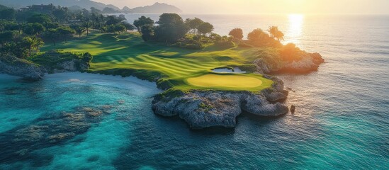 Scenic drone view of a pristine golf course on an island surrounded by tranquil waters at sunset