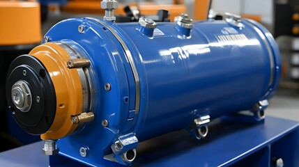 Close-up View of a Blue Industrial Hydraulic Motor with Yellow Component