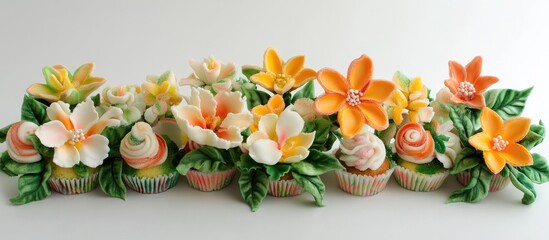 festive display of beautifully decorated cupcakes topped with colorful marzipan flowers and intricate candy designs