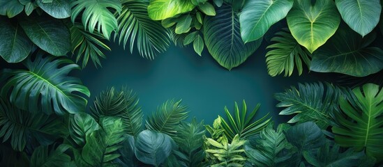 Fototapeta premium Lush green foliage creating a vibrant natural backdrop showcasing various leaf textures in a serene tropical environment
