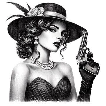 recommend clip art: A glamorous woman dressed elegantly, holding a revolver, exuding vintage charm with a femme fatale theme. She was created in a scratchboard style, resembling a black-and-white sketch engraving,