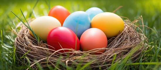 Fototapeta premium Colorful Easter eggs nestled in a natural nest on vibrant green grass celebrating the joyful spirit of Easter festivities.