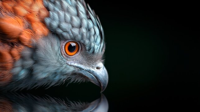  a close up of a bird with orange eyes against a black background The bird appears to be a peregrine falcon, with its feathers in shades of grey and orange Its bea
