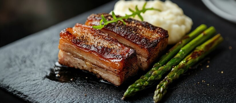 Grilled pork belly with cracked black pepper served with asparagus and creamy mashed potatoes an elegant fine dining dish