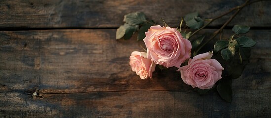 Delicate pink roses arranged gracefully on a rustic wooden surface creating a romantic and nostalgic atmosphere.