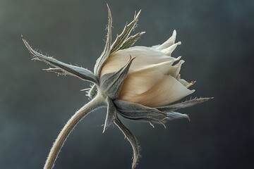 Close-up of a pale rosebud, elegantly posed against a blurred background.