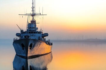 Obraz premium A ship anchored in calm waters during sunrise, reflecting warm colors in the sky.