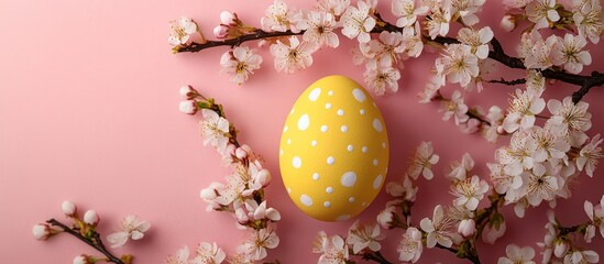 Fototapeta premium Minimalist Easter still life with yellow egg and cherry blossoms on pink background Spring greeting card design with space for text