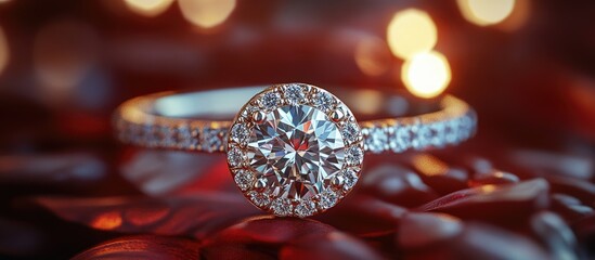 Fototapeta premium Elegant diamond engagement ring with halo setting on decorative table background featuring bokeh lights for romantic proposals.