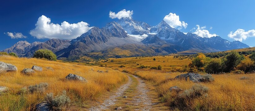 Majestic landscape of Edoras featuring mountains and golden fields under a clear blue sky ideal for film or travel themes