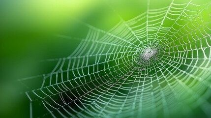  a spider web with water droplets glistening in the light, set against a lush green background