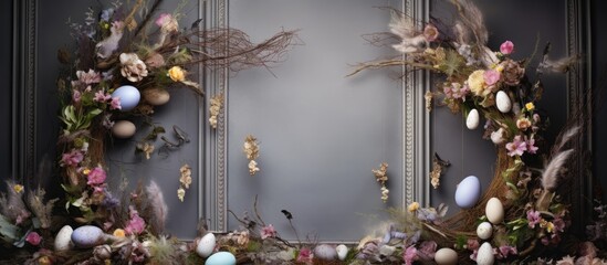 Fototapeta premium Springtime Easter backdrop with floral wreaths colorful eggs and delicate feathers for festive celebrations and decorations