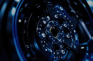 Vehicle's disc brake being repaired during tire replacement. Car brake maintenance in the garage. Suspension maintenance for brakes and shock absorber systems. Close-up view.