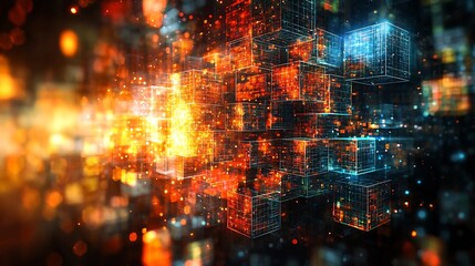 Obraz premium Vibrant Futuristic Cityscape with Glowing Digital Particles and Dynamic Neon Lights