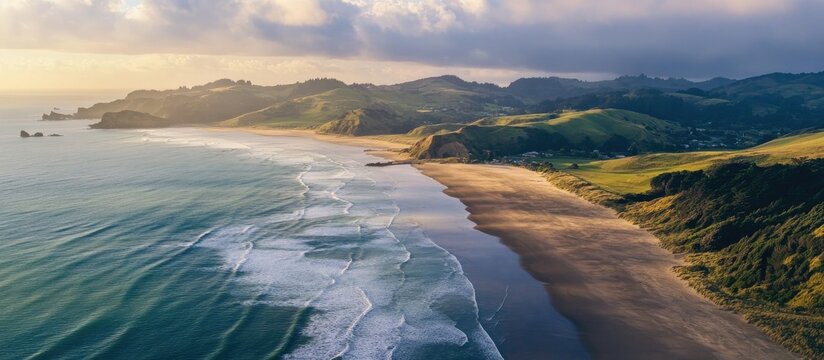 Aerial view of a breathtaking beach shoreline with rolling waves and lush green hills under a dramatic sky