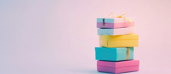 Colorful gift boxes stacked on a light backdrop ideal for celebrations and special occasions with ample copy space for text or branding