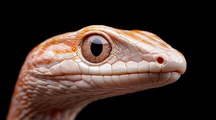Fototapeta premium a close up of a corn snake on a black background Its head is visible, with its scales glistening in the light Its eyes are wide and alert, and its tongue is flick