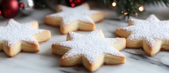 Star-shaped holiday cookies dusted with powdered sugar surrounded by Christmas decorations on a festive marble surface