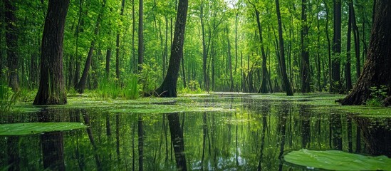 Obraz premium Lush swamp landscape reflecting greenery in a humid summer ecosystem with still waters and vibrant foliage