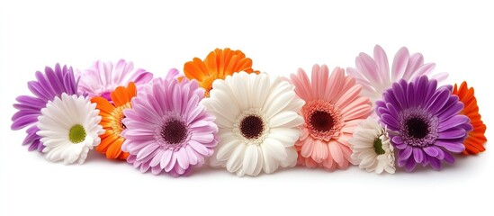 Colorful bouquet of gerbera daisies in white pink purple and orange tones displayed against a serene white background.