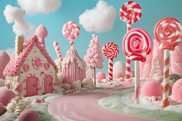 A whimsical candy-themed landscape with colorful sweets and playful structures.