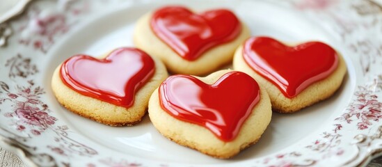 Valentine's Day heart-shaped cookies decorated with glossy red icing on a vintage floral plate