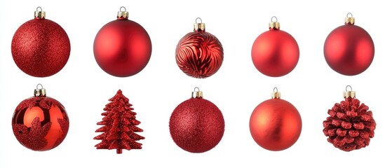 Red Christmas tree baubles collection featuring various textures and shapes for festive holiday decorations and celebrations.