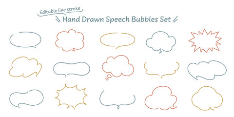 線の編集が可能なベクターイラスト。シンプルでおしゃれな手描きのカラフルな吹き出しのセット