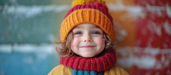Joyful boy in winter attire smiling with colorful backdrop, expressing excitement for approaching holiday season and festive spirit.