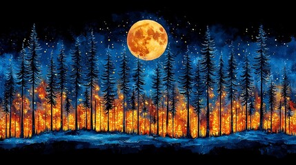 Enchanting Moonlit Forest Landscape with Glowing Autumn Foliage and Starry Skies