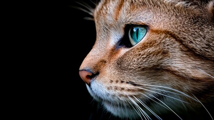  a close up of a brown cat with blue eyes against a black background