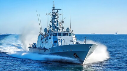 A naval vessel navigating through the ocean, showcasing maritime capabilities and technology.