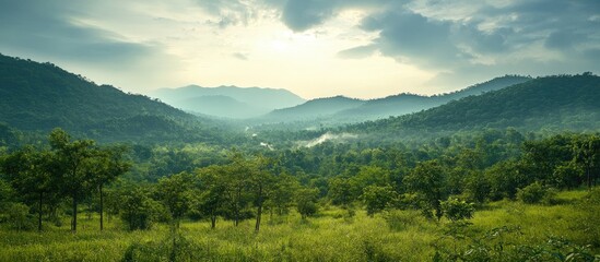 Serene panoramic landscape showcasing lush greenery hills and misty mountains highlighting the tranquility of nature and scenic travel routes