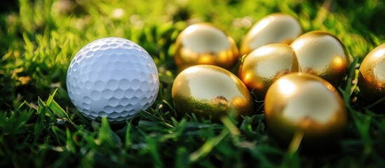 Golf ball and golden Easter eggs on vibrant green grass creating a festive spring atmosphere for holiday themed promotions and events.