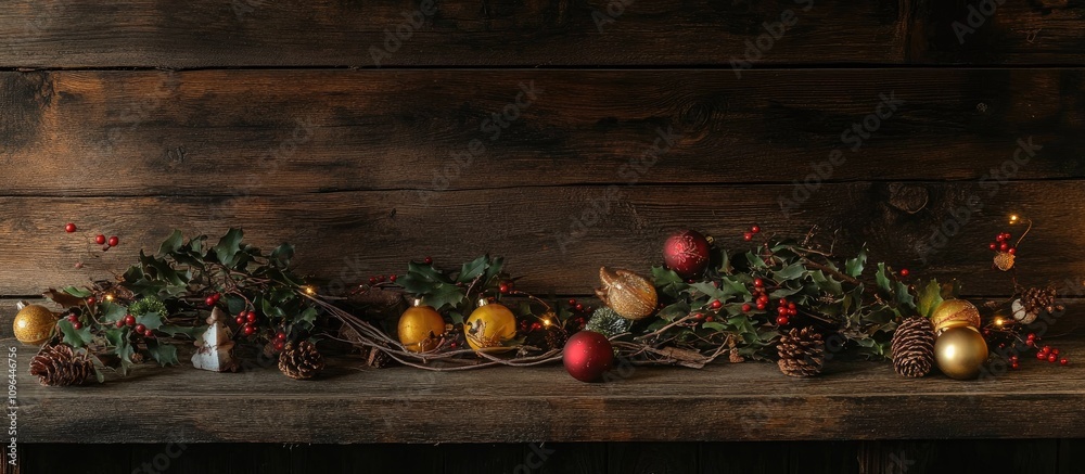 Poster elegant christmas decoration display featuring festive ornaments and natural elements on a rustic wo
