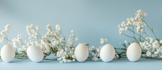 Obraz premium Easter eggs and white spring flowers arranged on a blue background with ample copy space for holiday-themed designs and promotions
