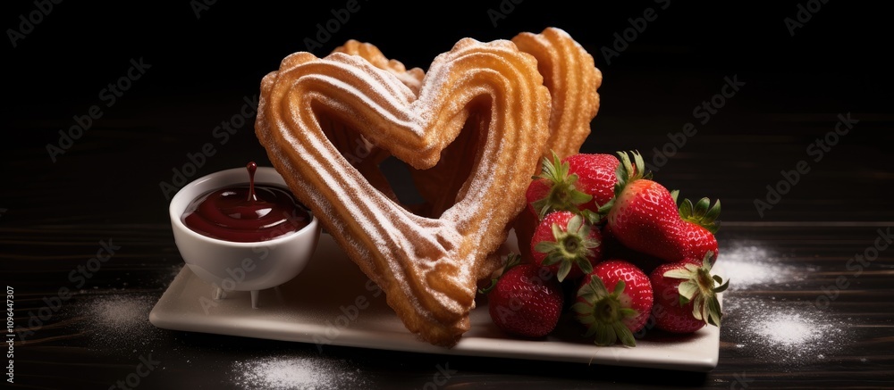 Poster heart-shaped churros with chocolate and strawberry sauce served on a plate with fresh strawberries a