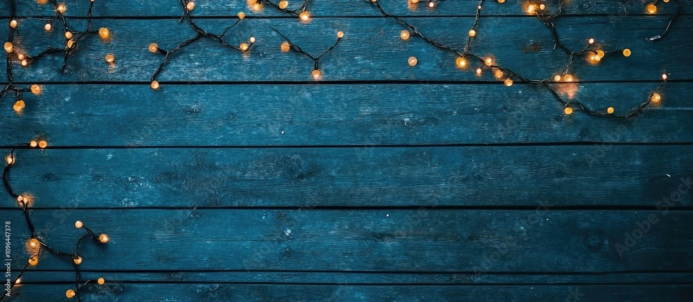 Poster christmas garland lights on blue wooden background with space for text creating a cozy festive atmos