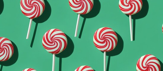 Colorful seamless pattern of striped sugar cane lollipops on vibrant green background ideal for festive designs or sweet-themed projects