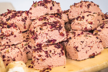 Halva with pomegranate juice and rose petals. Traditional balkan dessert