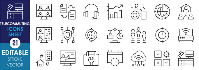 A set of line icons related to Telecommuting. Online training, freelancer, work, money, internet, headset, file sharing, cybersecurity, focus mode, and so on. Vector editable stroke.