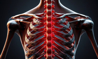 detailed anatomical illustration of human spinal column and ribs, showcasing intricate structure and connections of vertebrae and surrounding bones. image highlights spine importance in human body