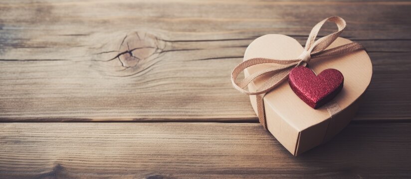 Heart shaped gift box with ribbon and decorative heart on rustic wooden surface in vintage tones ideal for Valentine's Day and romantic themes