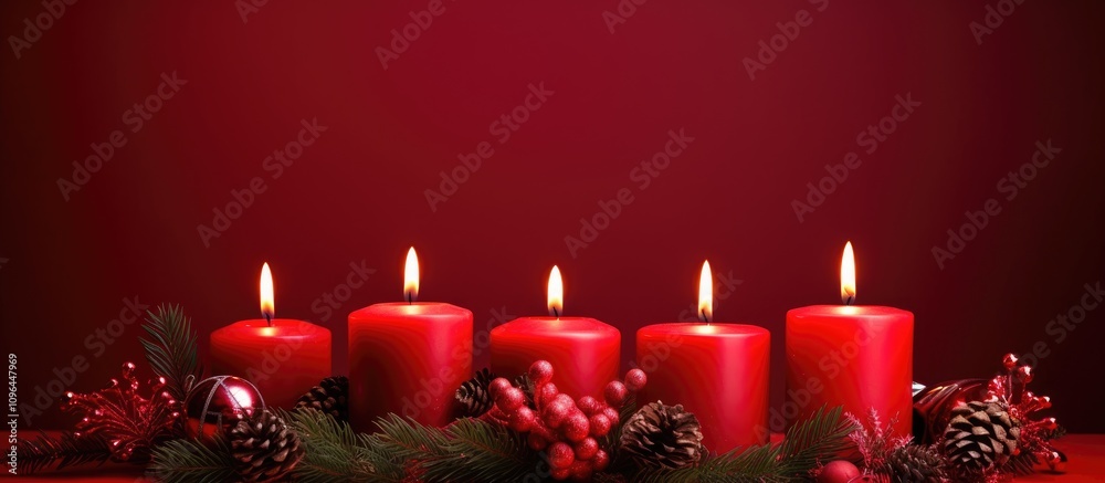 Aufkleber Warm winter scene with red candles and fir branches on a red backdrop creating a cozy atmosphere ideal for festive celebrations and decorations