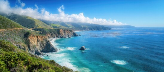 Obraz premium Southern coastal landscape featuring vibrant ocean blues and lush valleys with diverse natural beauty ideal for exploration and adventure