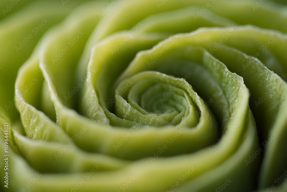 Poster close-up of a spiraling green plant, showing intricate details and texture.