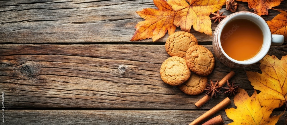 Poster cinnamon cookies and warm beverage surrounded by autumn leaves on rustic wooden table creating a coz